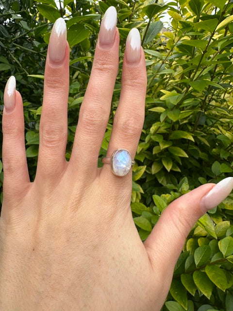 Faceted Oval Rainbow Moonstone Ring - Size 7