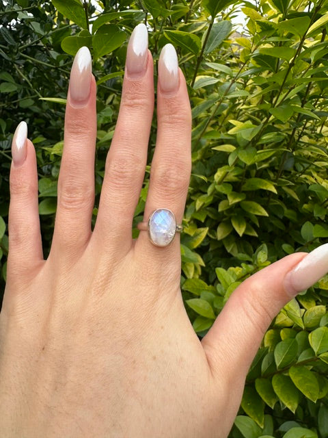 Faceted Oval Rainbow Moonstone Ring - Size 7