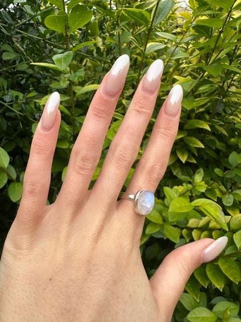 Faceted Oval Rainbow Moonstone Ring - Size 7