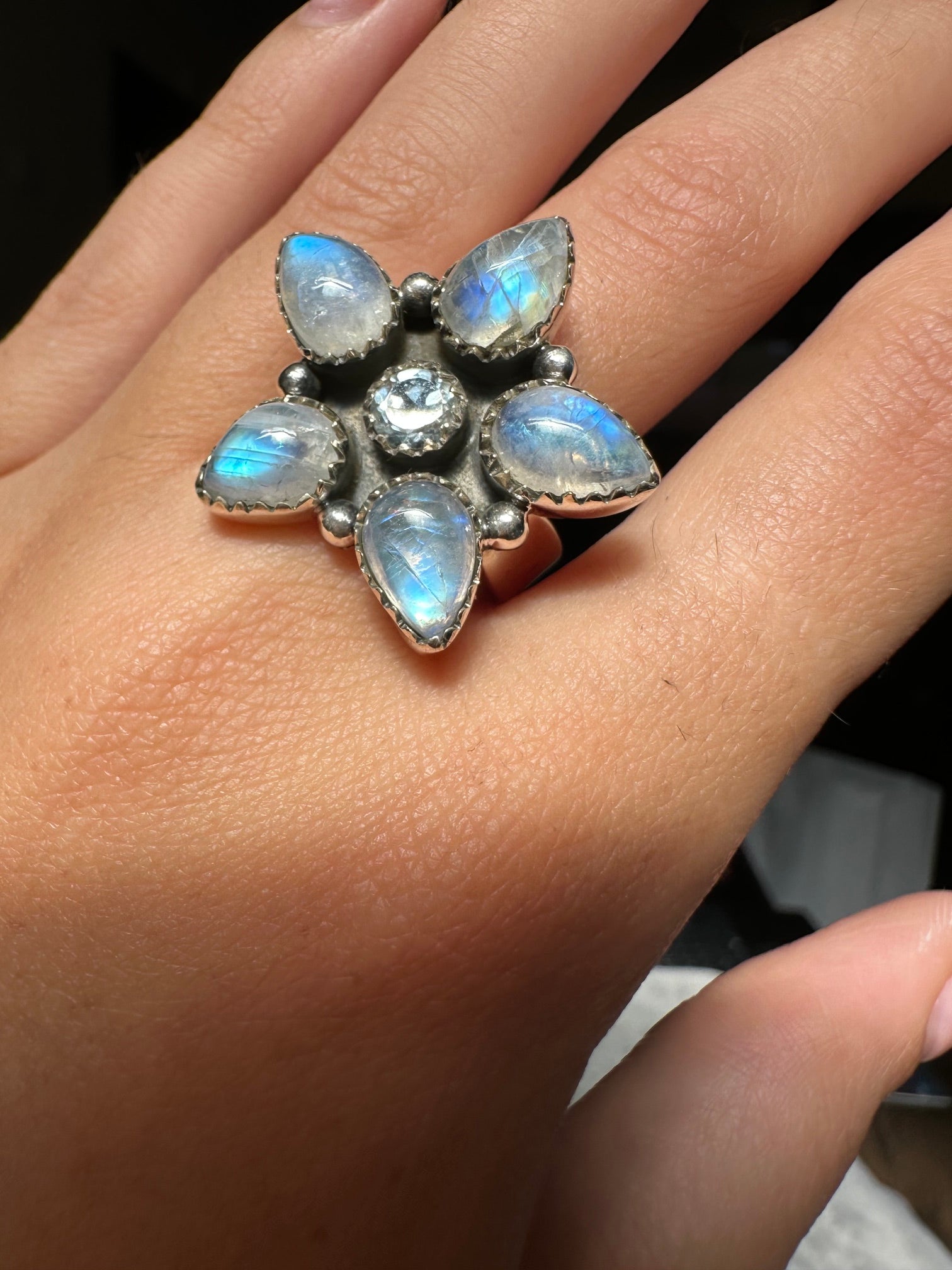 Blue Fire Moonstone and Blue Topaz Ring