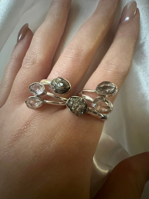 Pyrite & Herkimer Diamond Triple Ring - Multiple Sizes