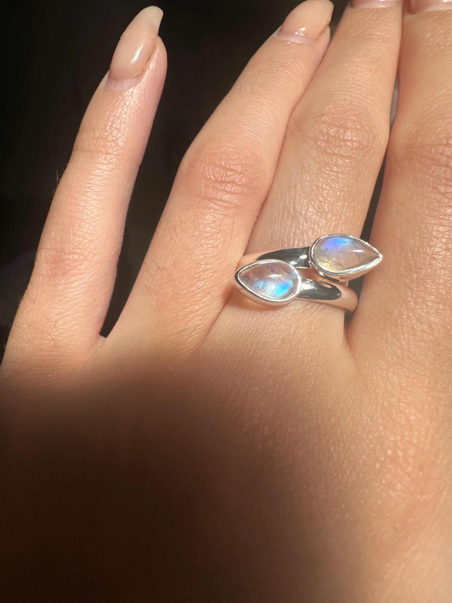 Blue Fire Double Moonstone Sterling Silver Ring