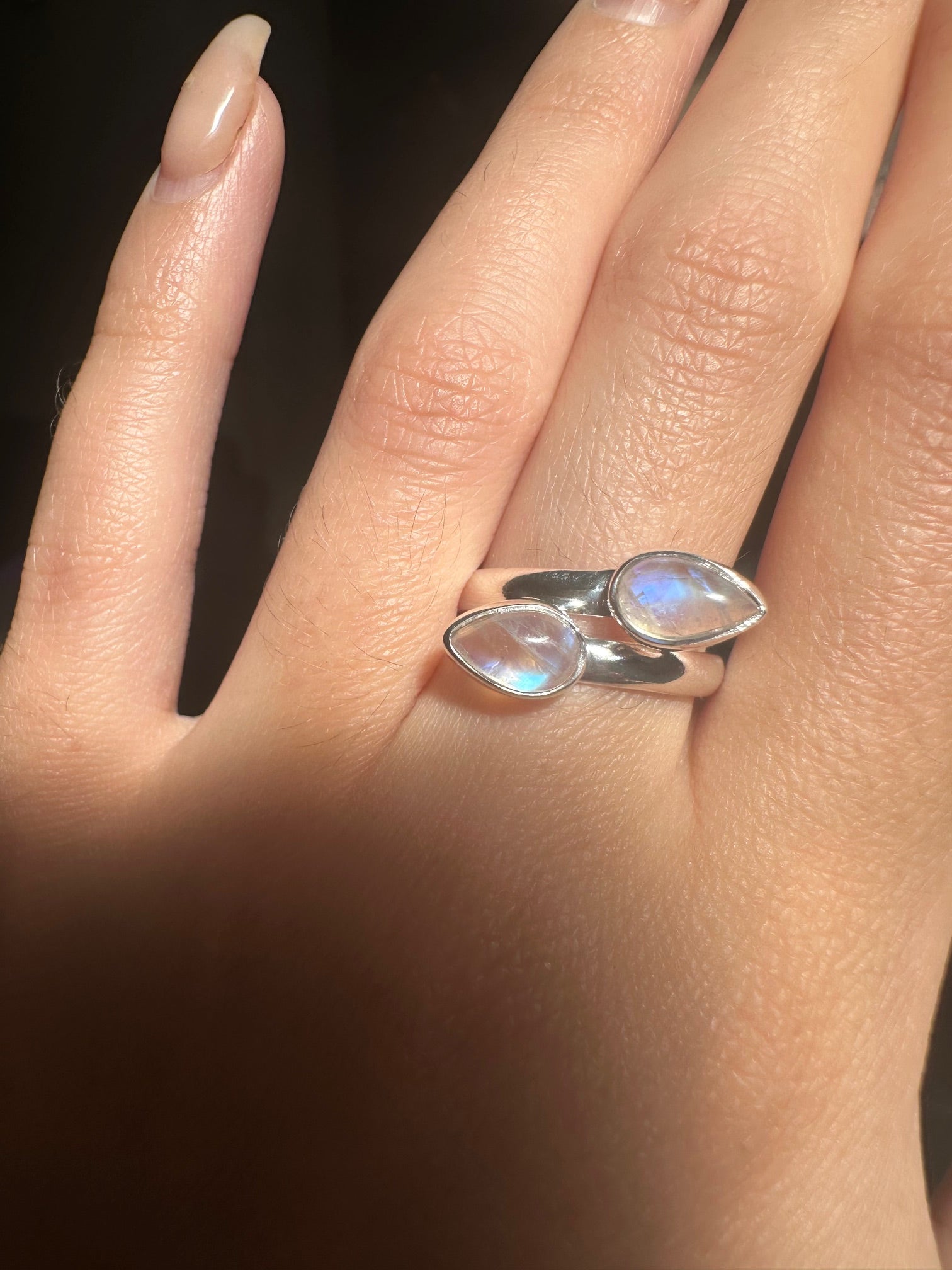 Blue Fire Double Moonstone Sterling Silver Ring
