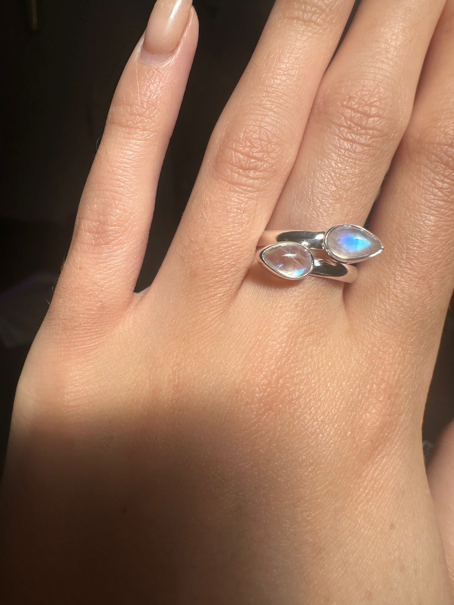Blue Fire Double Moonstone Sterling Silver Ring