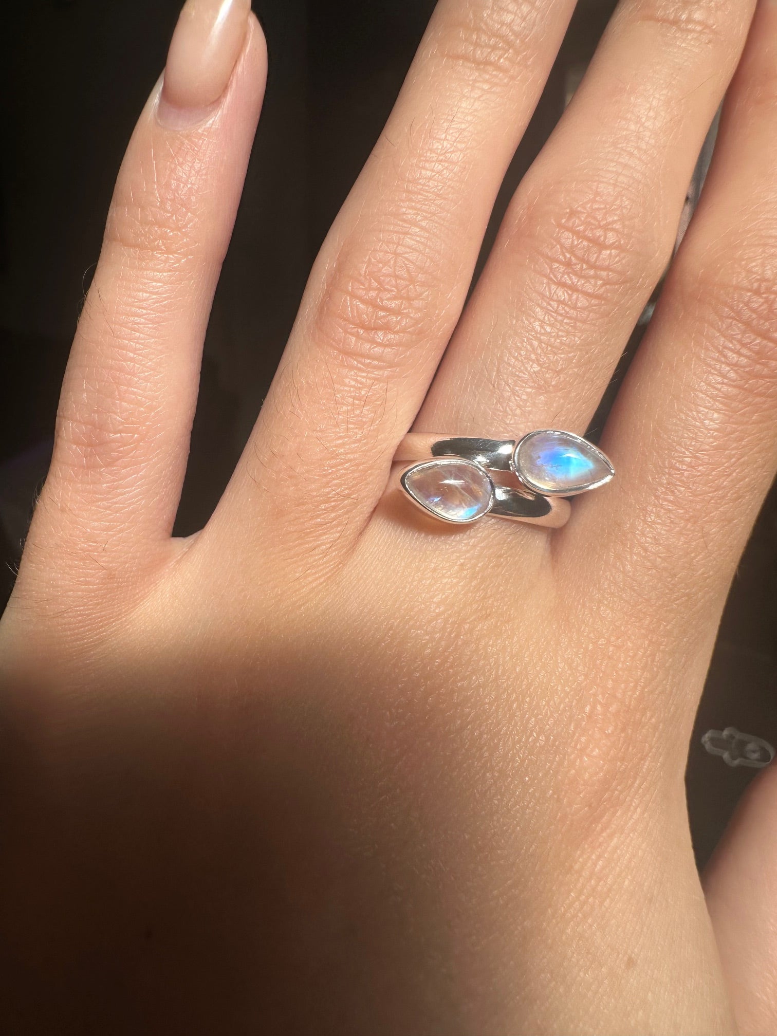 Blue Fire Double Moonstone Sterling Silver Ring