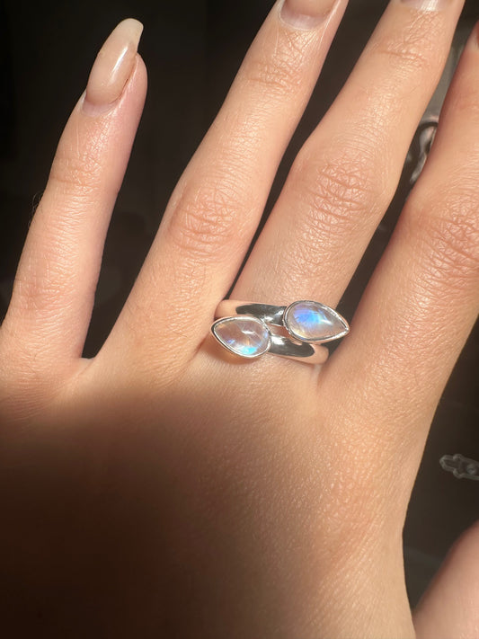 Blue Fire Double Moonstone Sterling Silver Ring