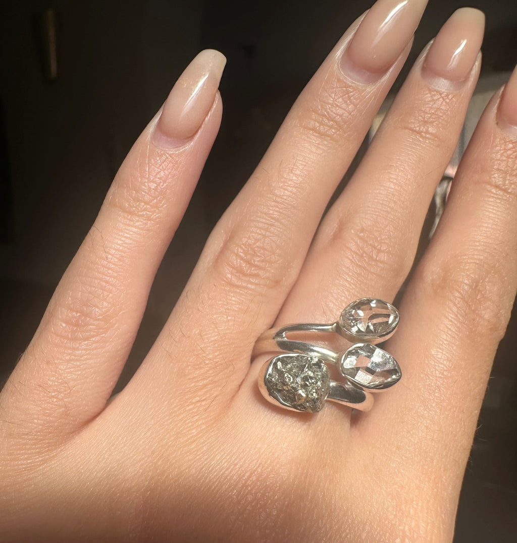 Pyrite & Herkimer Diamond Triple Ring - Multiple Sizes