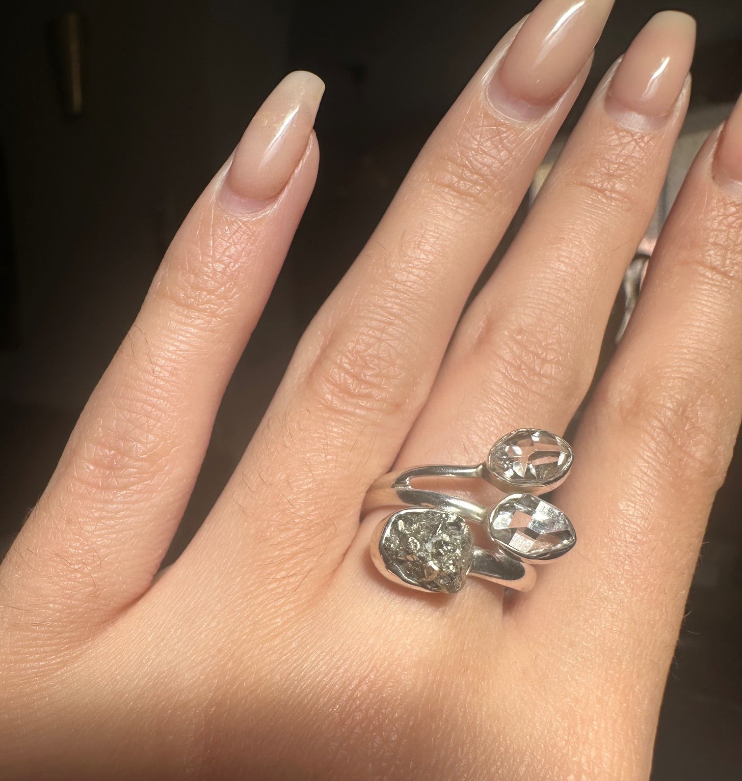 Pyrite & Herkimer Diamond Triple Ring - Multiple Sizes