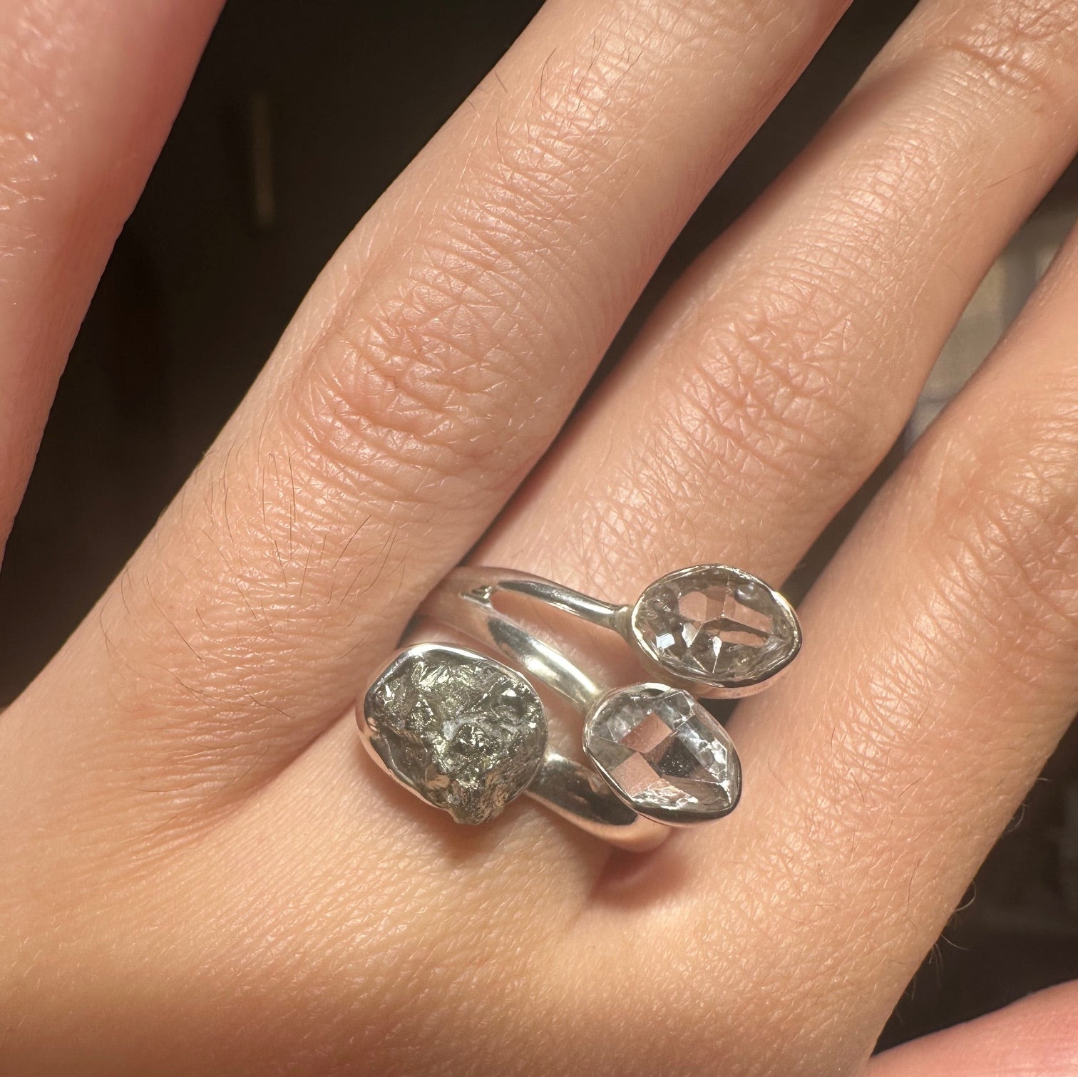 Pyrite & Herkimer Diamond Triple Ring - Multiple Sizes