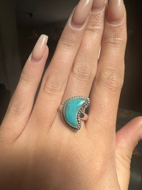 Turquoise Sterling Silver Moon Ring - Size 8/P
