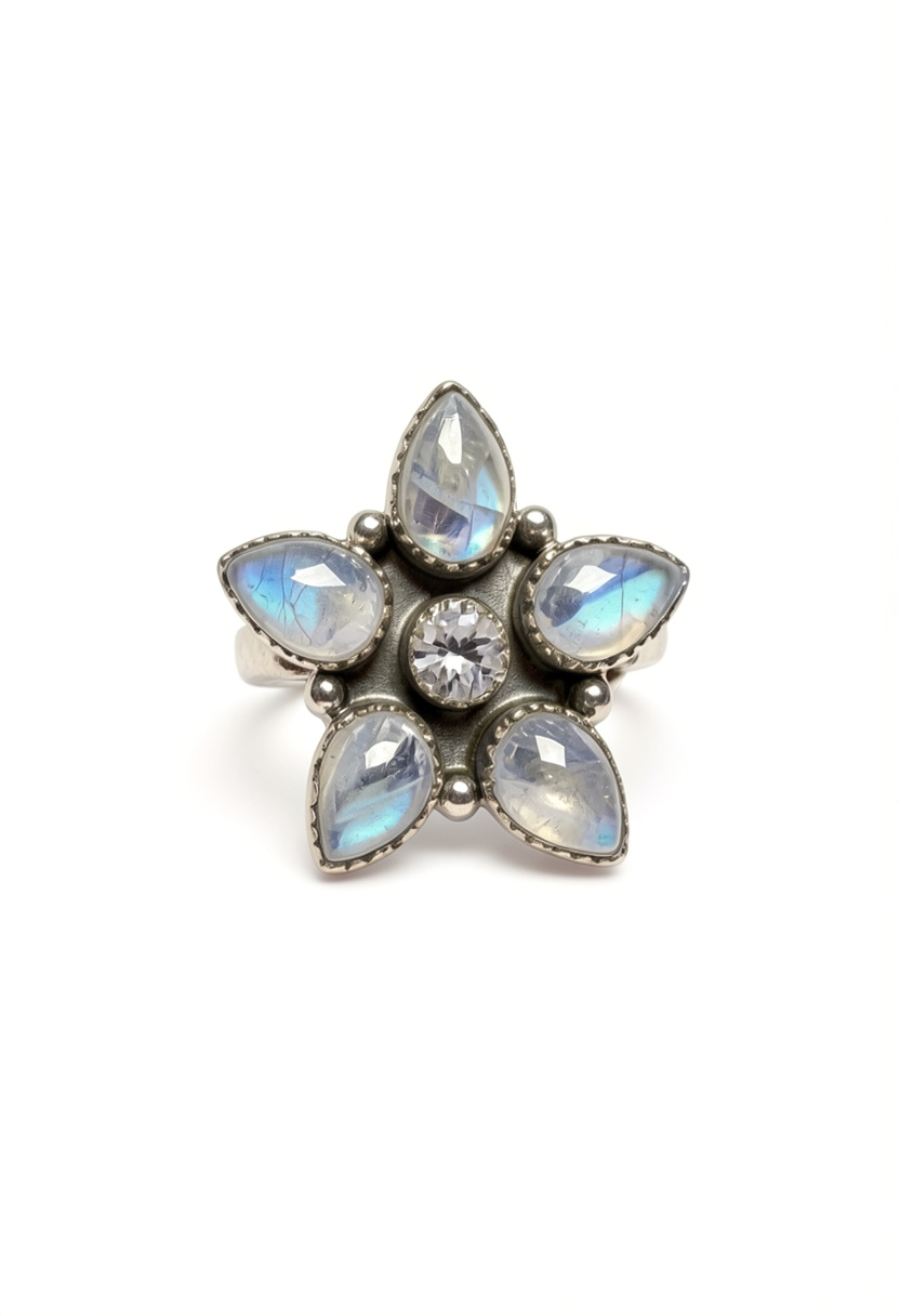 Blue Fire Moonstone and Blue Topaz Ring
