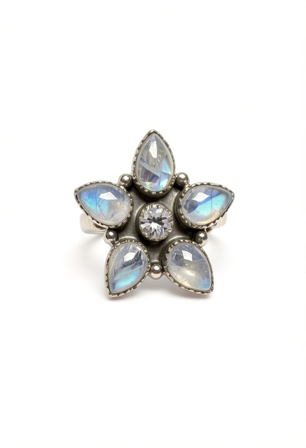 Blue Fire Moonstone and Blue Topaz Ring