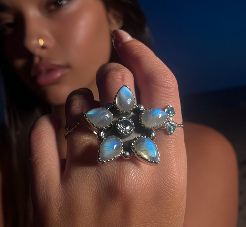 Blue Fire Moonstone and Blue Topaz Ring